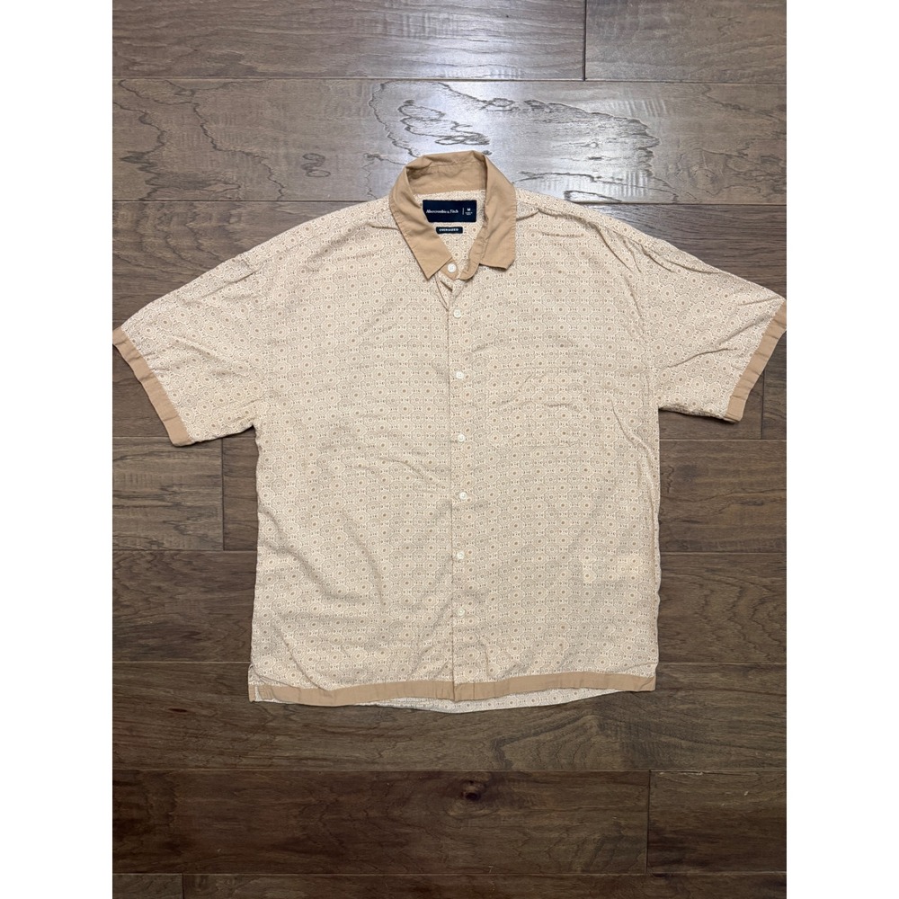 Abercrombie & Fitch Button Up Shirt Mens M Tan Cotton Geometric Oversized Fit